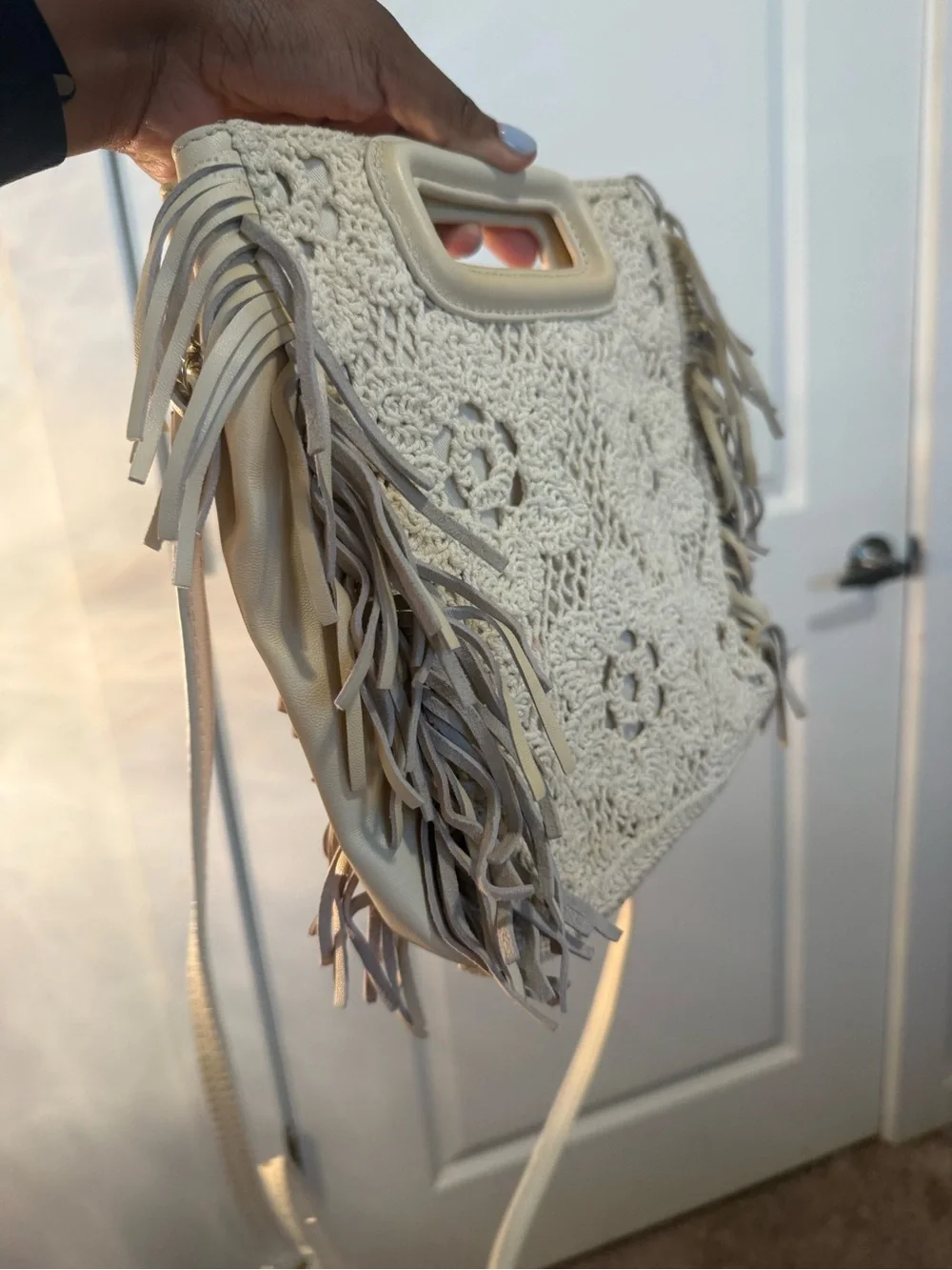 Maje Crochet-Knit Crossbody Bag in Cream with Fringe